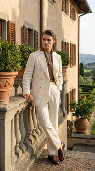 Men’s Off White 70s Style Double Breasted Suit – Vintage Retro Wide Lapel Classic Outfit for Party, Wedding and Casual Fashion Wear