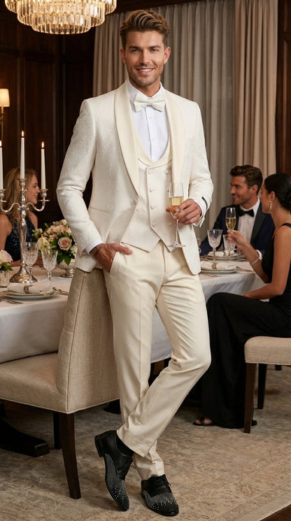 Men’s Ivory Paisley Tuxedo Suit 3 Piece – One Button Vested Satin Formal Suit for Wedding in Off white Cream Color