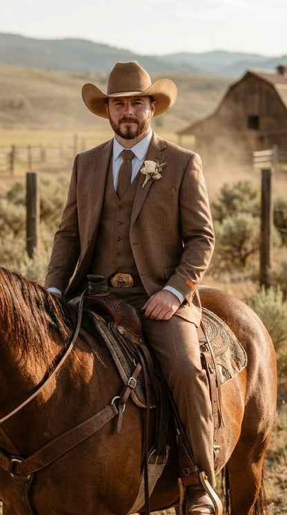 Men’s Light Brown Western 3 Piece Suit – Classic Country Style Blazer Vest Pants Set, Formal Cowboy Suit Toast