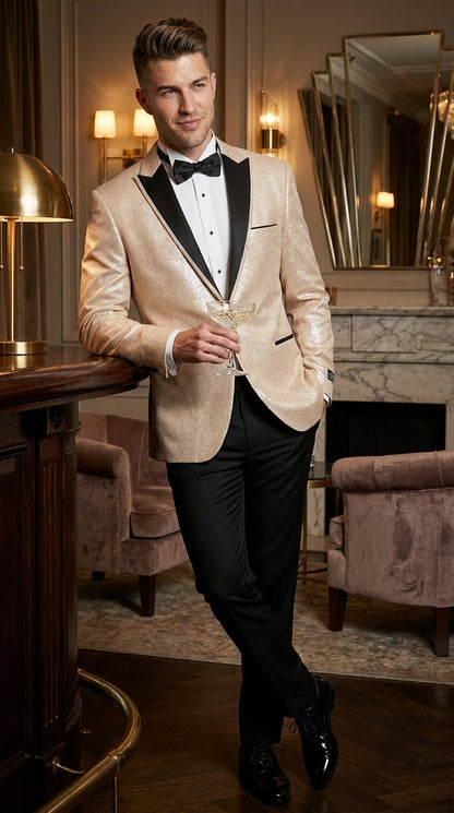 Men’s Gold Blazer with Black Lapel – Elegant Gold Formal Blazer Jacket for Wedding, Prom, Tuxedo in champagne Color