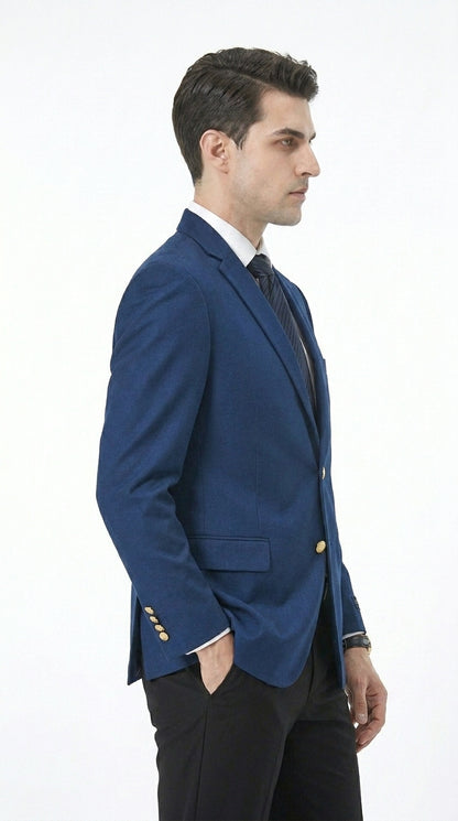 Men’s Sapphire Indigo Cobalt Blue Blazer with Gold Buttons – Classic Single Breasted Formal Business Jacket for Office, Wedding