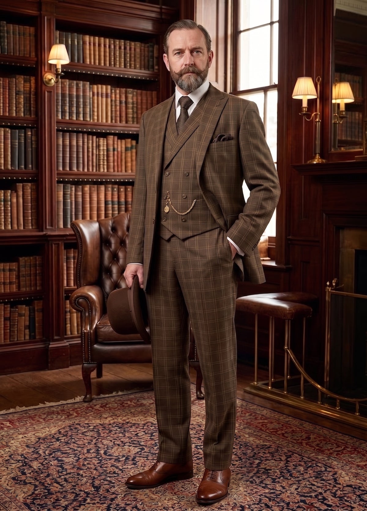 Men’s Edwardian Brown Plaid 3-Piece Suit – Vintage Double-Breasted Vest Wedding and Formal Suit Modern Fit