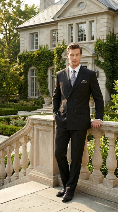 Men’s Black Pinstripe Double Breasted Suit – Peak Lapel Classic Fit Formal Business Conservative settle stripe