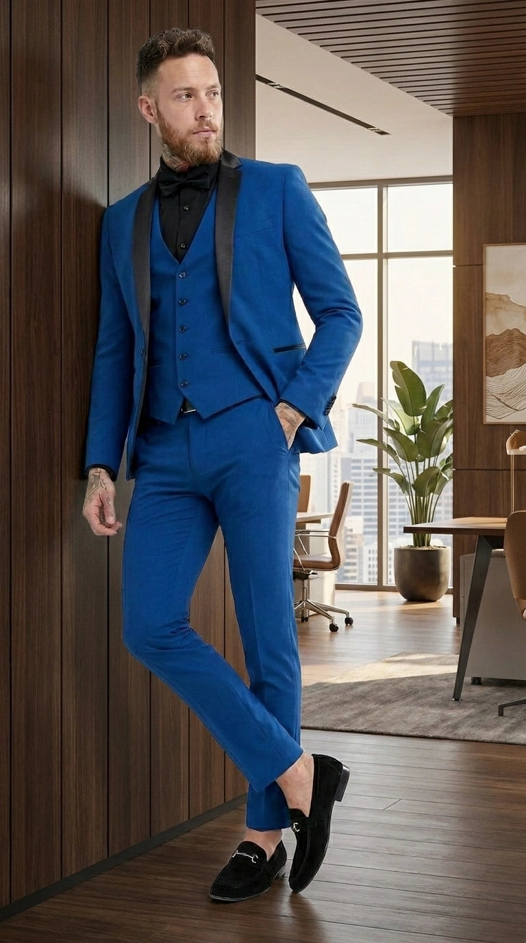 Men’s Royal Blue 3 Piece Suit with Black Lapel – Modern Formal Suit for Wedding, Prom and Party Wear Modern Fit