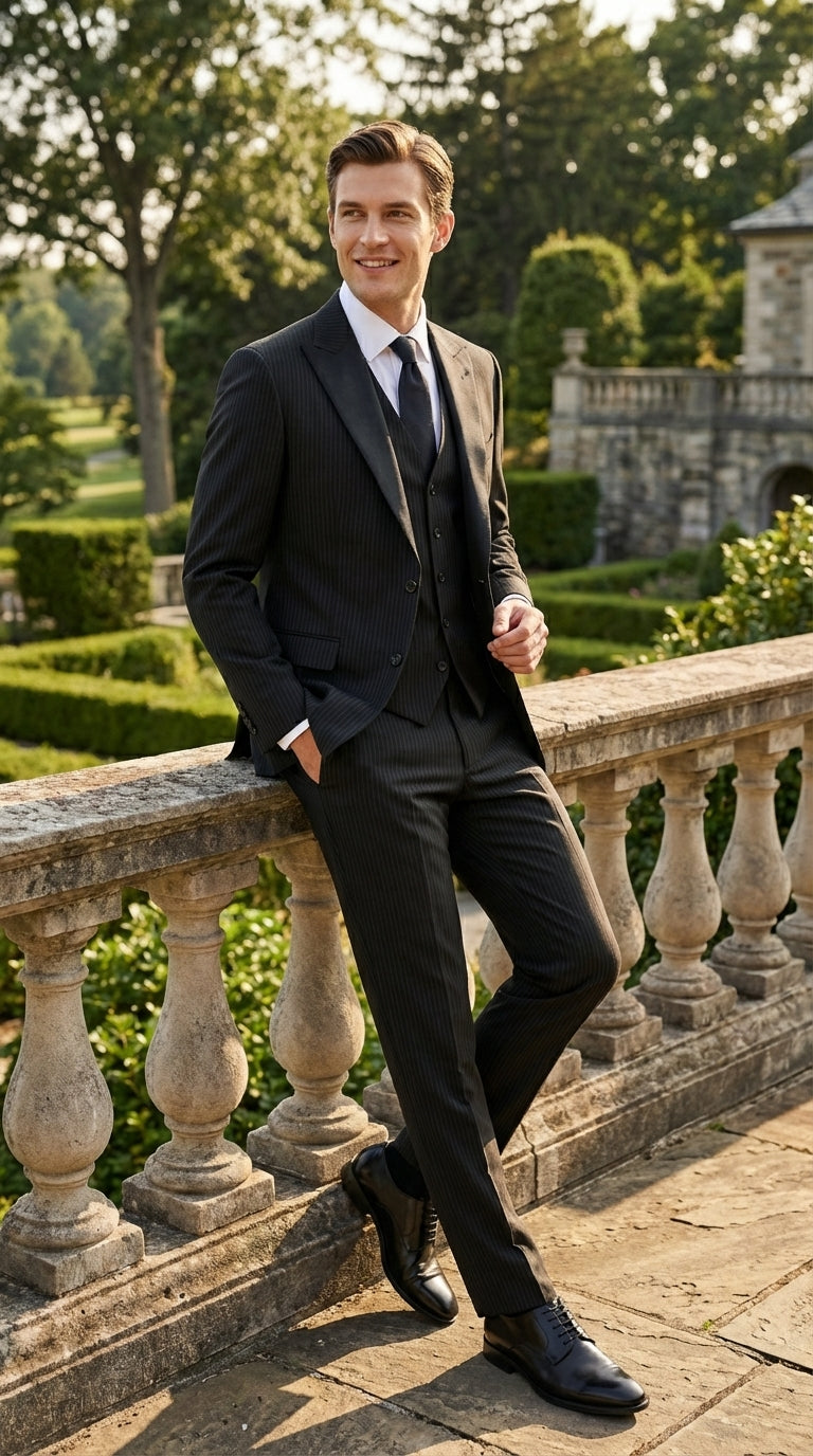 Vitali Mens Black Tone on Tone Shadow Stripe Vested Suit Set – 3 Piece Modern Fit Pinstripe Two Buttons Modern Fit