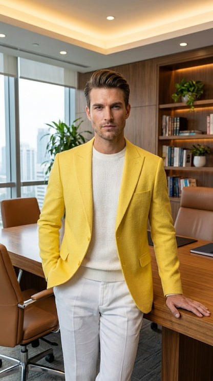 Zacci Brand Men’s Lemon Yellow Blazer Peak Lapel Hopsack Weave – Elegant Formal Blazer Jacket for Wedding, Party, Prom and Smart Casual Wear