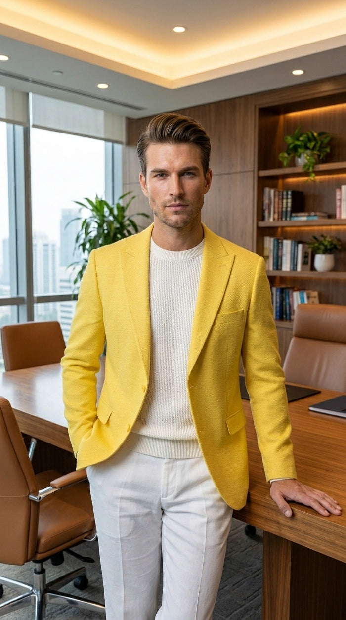 Zacci Brand Men’s Lemon Yellow Blazer Peak Lapel Hopsack Weave – Elegant Formal Blazer Jacket for Wedding, Party, Prom and Smart Casual Wear