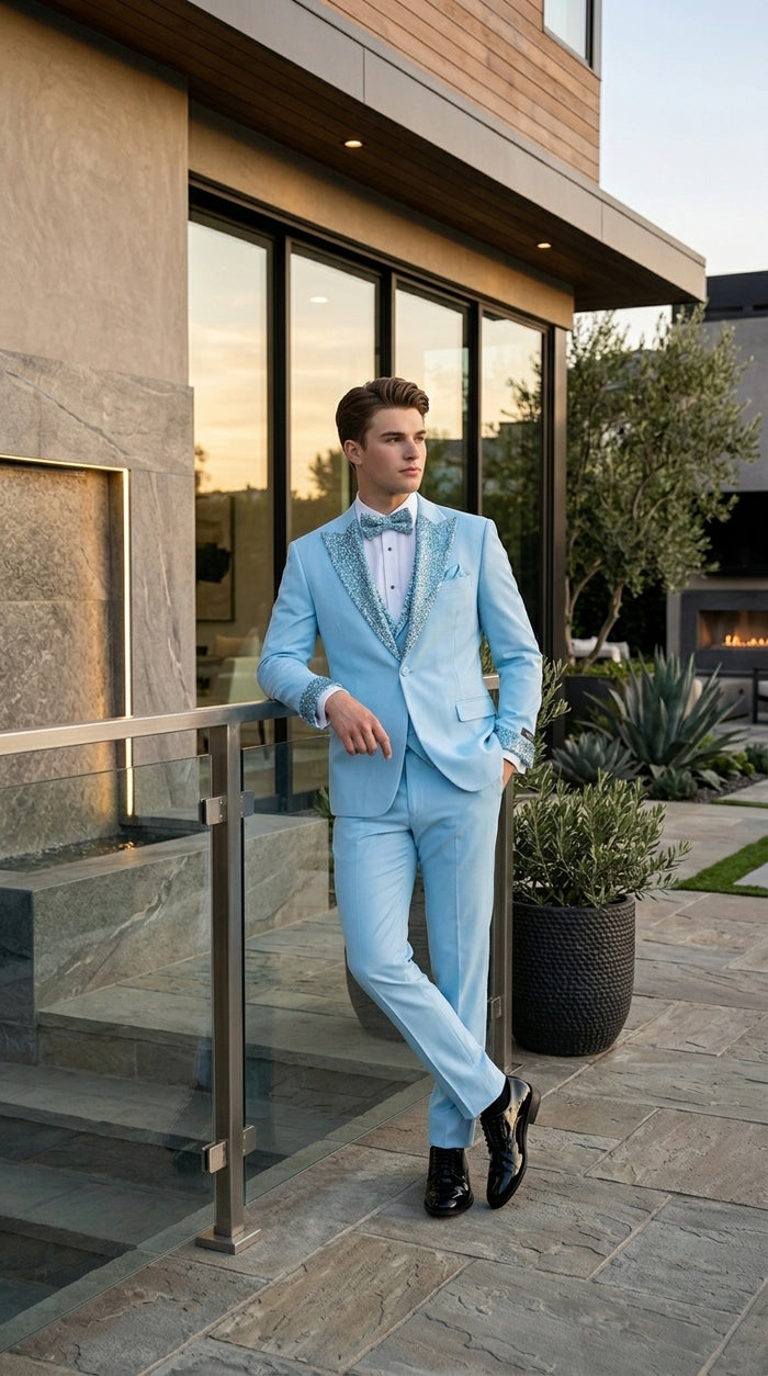 Sky Blue Prom Tuxedo - Perfect Wedding Suit Vested Rhinestone sequin Lapelled