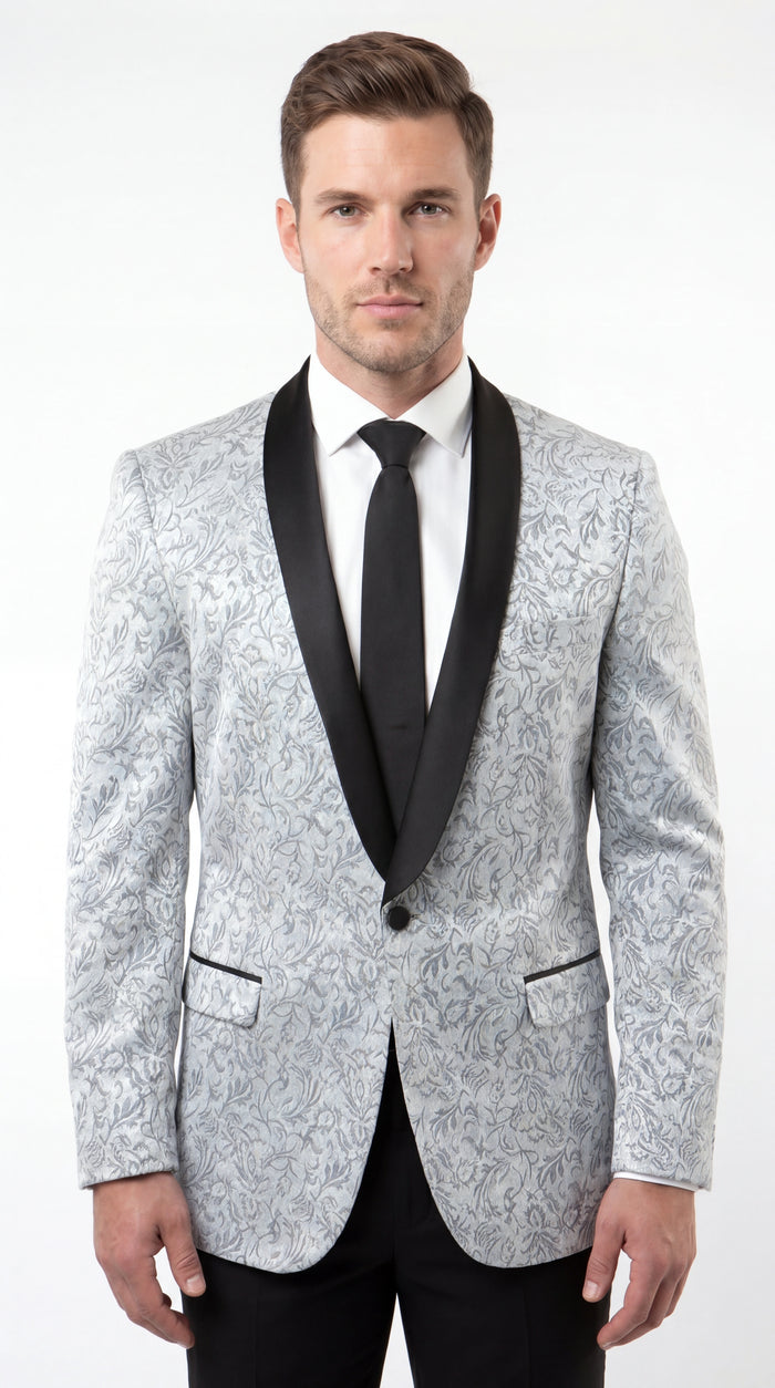 Men’s Silver and Black Floral Blazer – Elegant Formal Tuxedo Style Blazer Jacket for Wedding, Party, Prom and Evening Wear