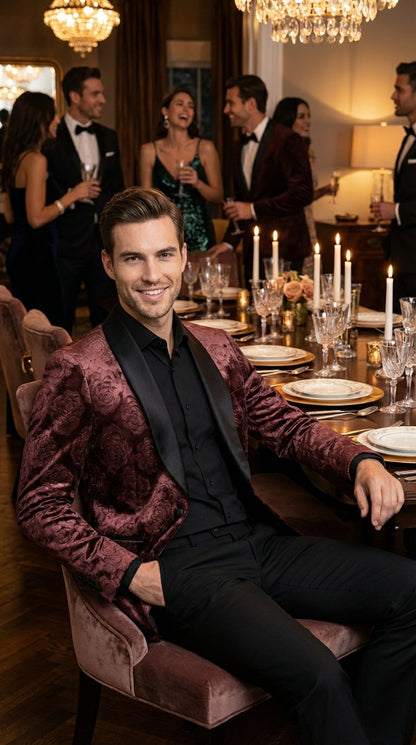 Mens Rust Copper Brick color Floral Jacquard Pasiley Blazer – Pattern Dinner Jacket with Black Shawl Lapel for Formal dinners and Wedding
