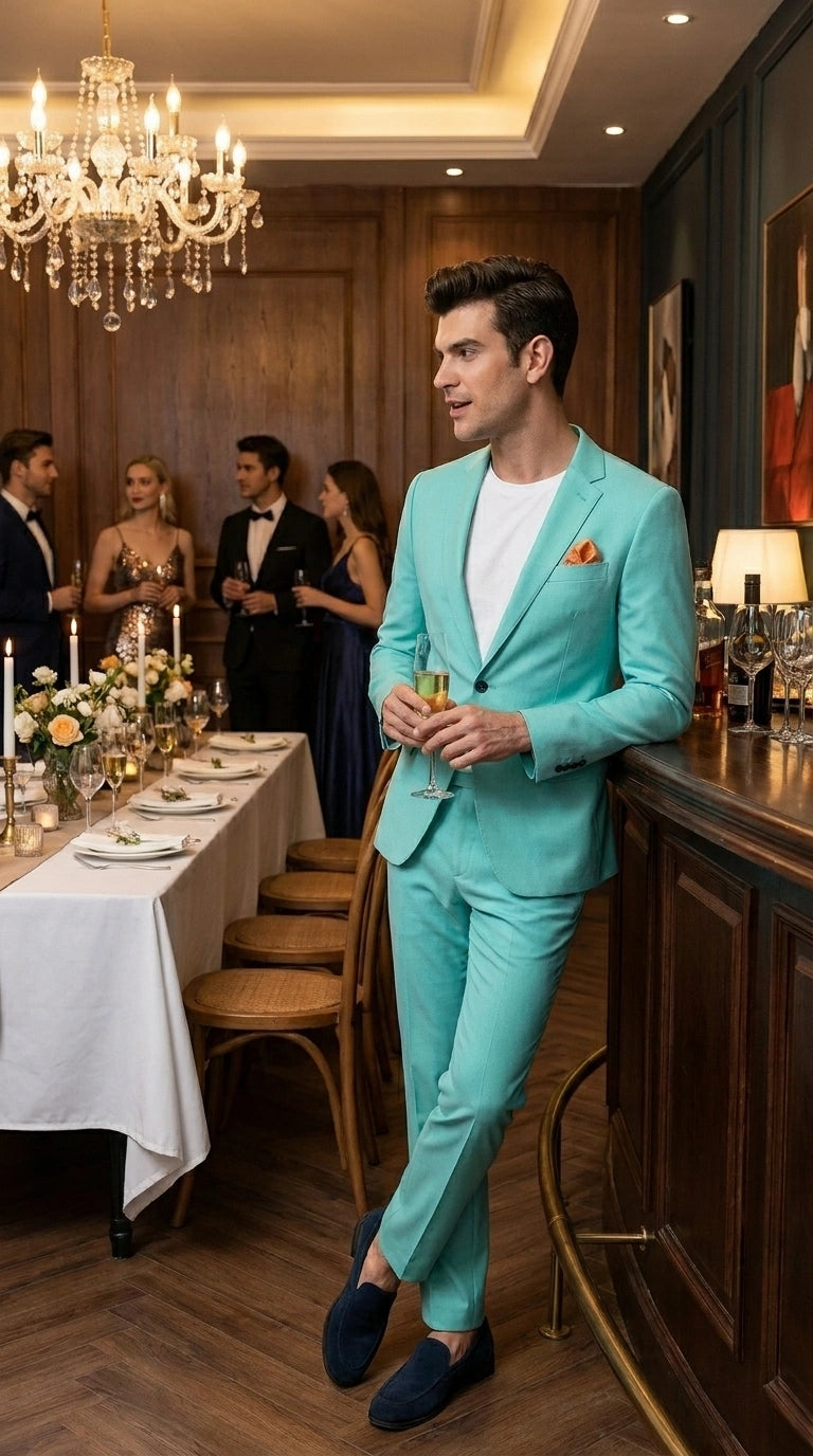 Men’s Turquoise 2 Piece Suit with Jacket and Pants, Formal Wedding Suit for Prom, Parties, Summer Events, and Special Occasions Modern Fit