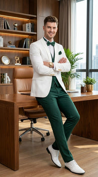 Men’s White and Hunter Green 3 Piece Suit – Elegant Formal Suit with Vest, Wedding Tuxedo Suit for Prom and Party Wear