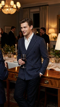 Mens Navy Blue Pinstripe Double Breasted Blazer Sport Coat – Classic Formal Business Jacket for Party and Smart Casual Wear
