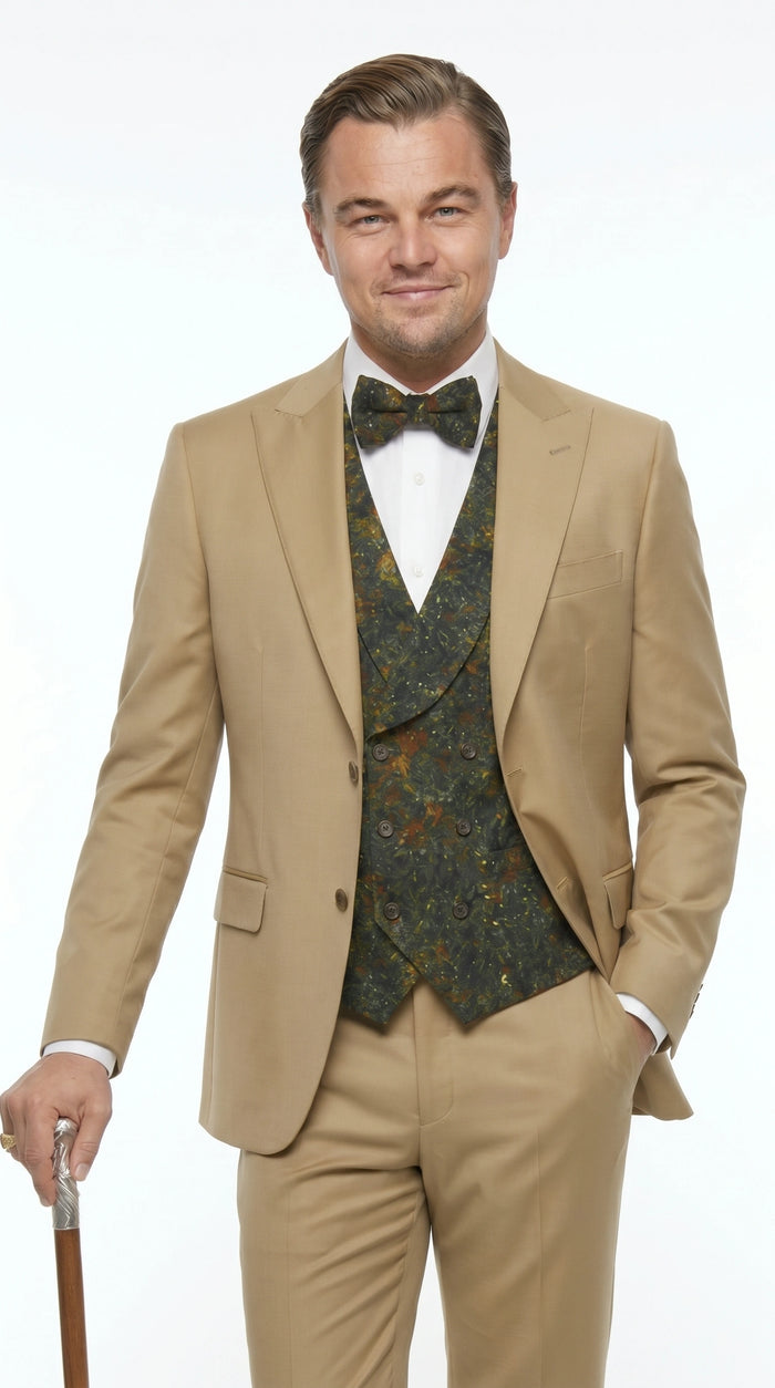 Men’s Khaki 3 Piece Suit with Patterned Vest, Great Gatsby Inspired Formal Suit for Weddings, Mardi Gra in Tan Camel Color Modern Fit