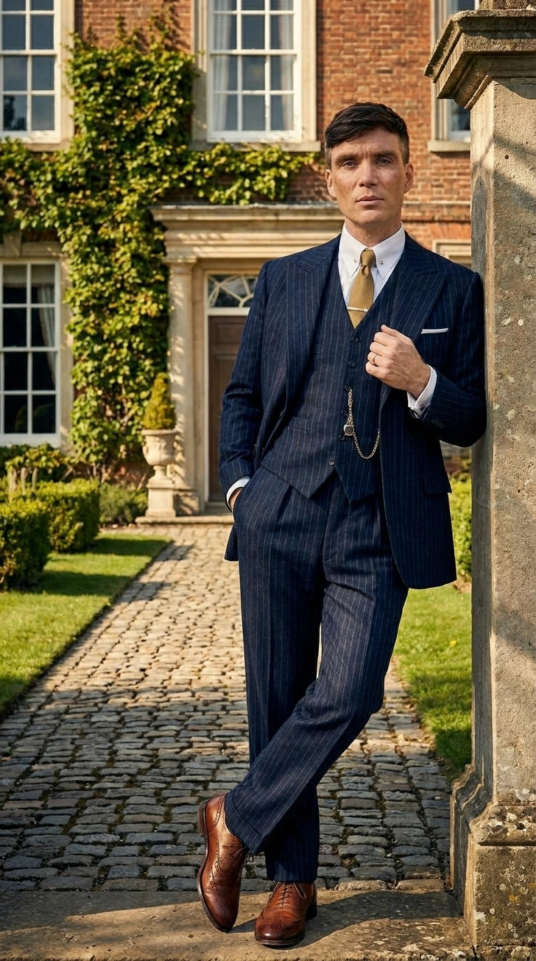 Men’s Navy Blue Pinstripe 3 Piece Suit, Thomas Shelby Inspired Vintage Formal Suit for Weddings, Parties, Prom, and Special Events Modern Fit