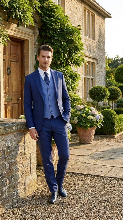 Vitali Men’s Navy Blue 3 Piece Suit with Light Blue Vest, Textured Formal Dress Suit for Weddings, Prom, Business Events, and Parties Modern Fit