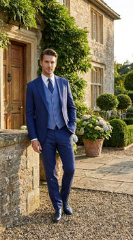 Vitali Men’s Navy Blue 3 Piece Suit with Light Blue Vest, Textured Formal Dress Suit for Weddings, Prom, Business Events, and Parties