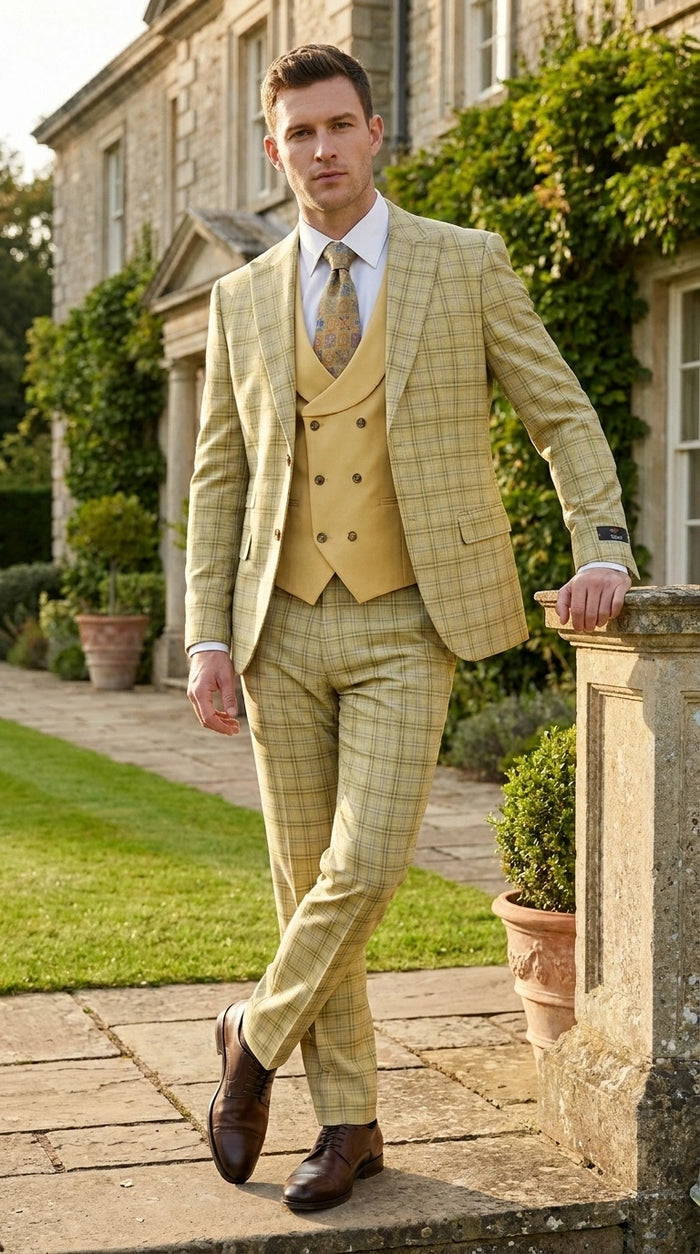 Vitali Men’s Sage Beige Tan Plaid 3 Piece Suit, Check Pattern Formal Dress Suit for Weddings, Prom, Business Events,Light Yellow Color Modern Fit
