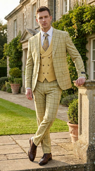 Vitali Men’s Sage Beige Tan Plaid 3 Piece Suit, Check Pattern Formal Dress Suit for Weddings, Prom, Business Events, Modern Fit Light Yellow Color