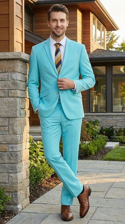 Men’s Aqua Blue 2 Piece 2 Button Suit, Formal Dress Suit for Weddings, Prom, Parties, Summer Events, Turquoise Light blue Modern Fit
