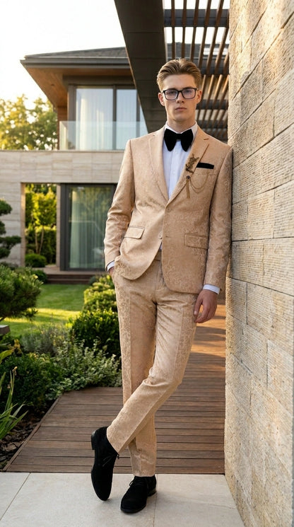 Men’s Champagne Gold Paisley Prom Tuxedo, Formal Dinner Suit for Prom, Weddings, Parties in Tan Color