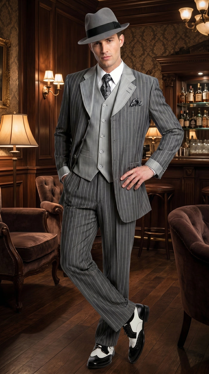 Men’s Grey Pinstripe 1920s Gangster 3 Piece Suit, Contrast Lapel Vintage Formal Suit for Parties, Prom, Weddings, and Theme Events Modern Fit