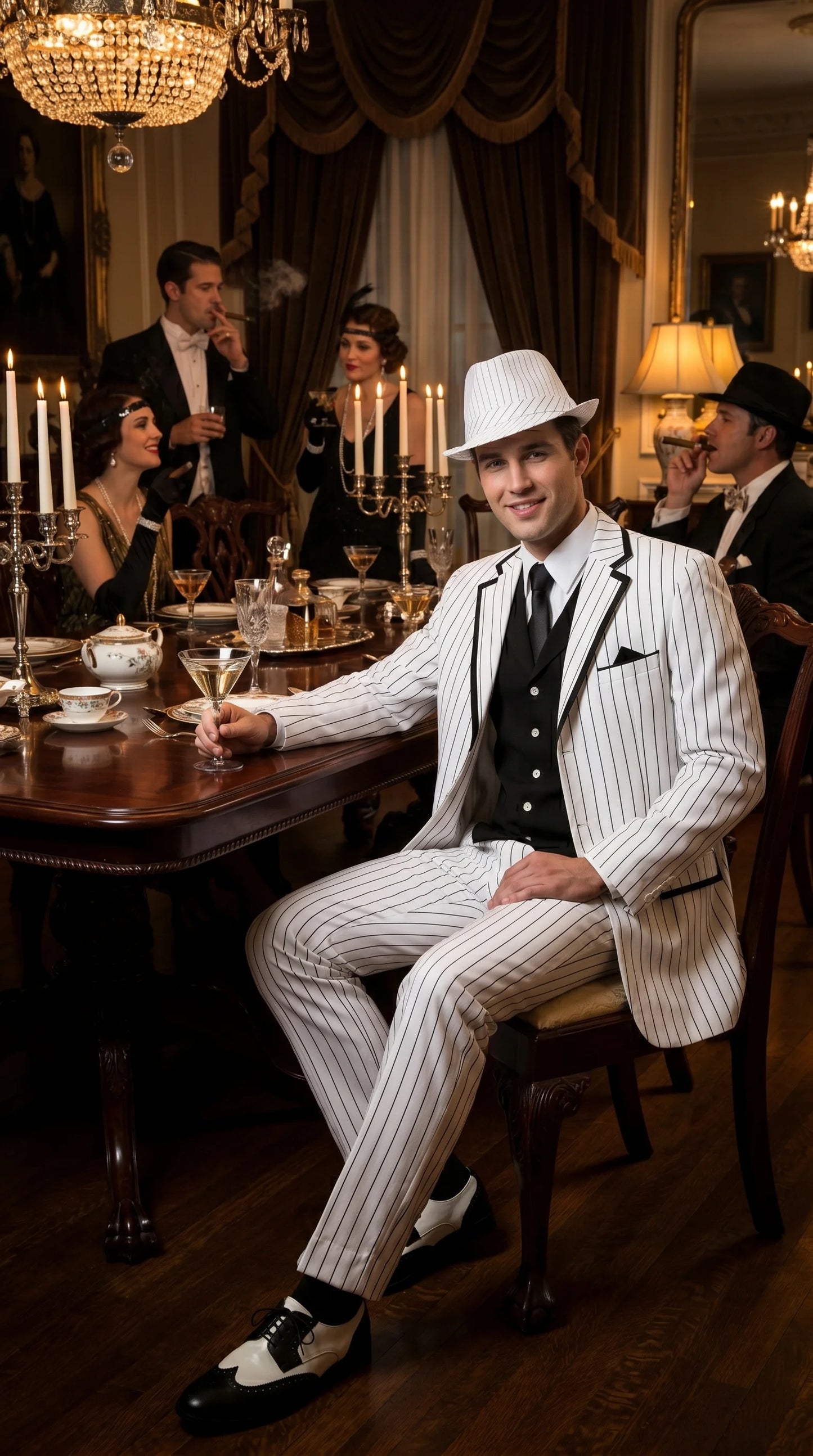 Men’s White Pinstripe 1920s Gangster 3 Piece Suit, Black Contrast Formal Costume Suit for Parties, Prom, Weddings, and Theme Events Modern Fit