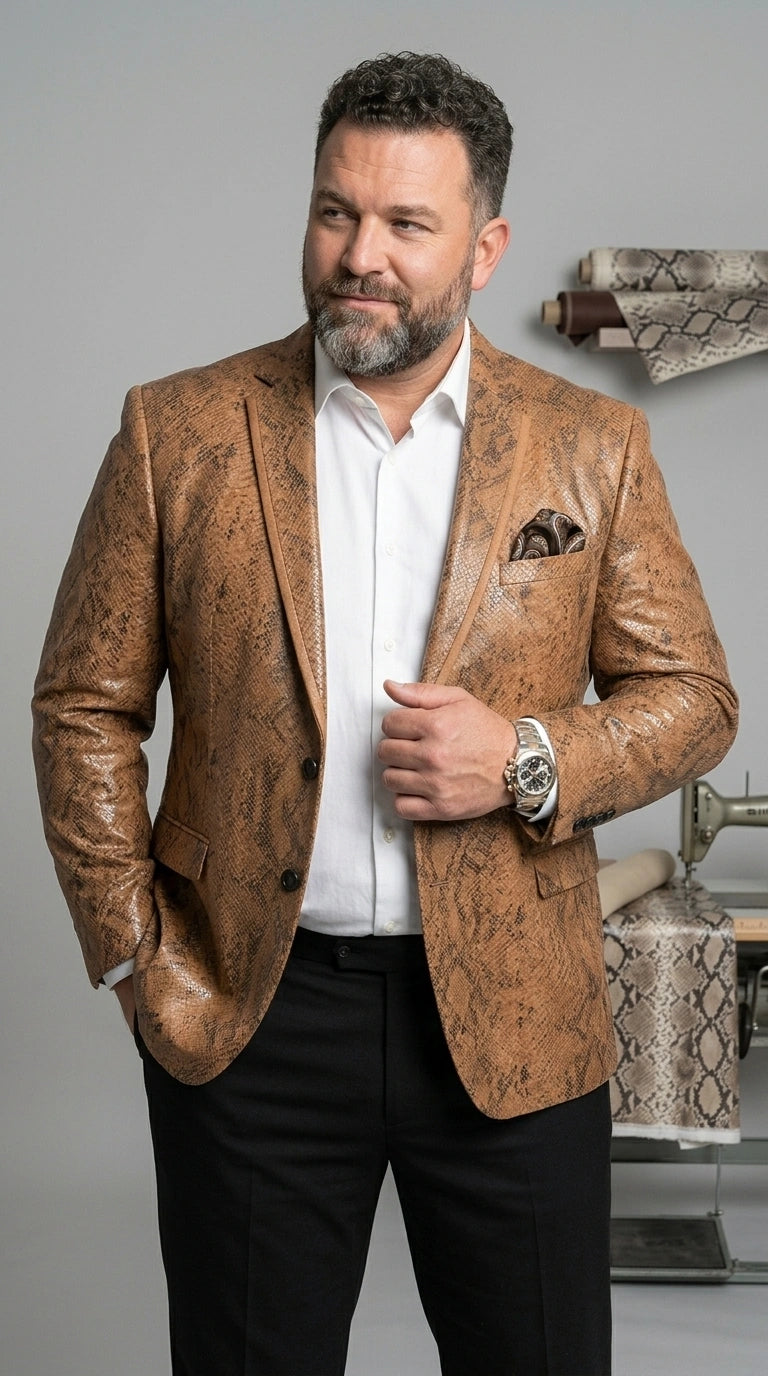Men’s Tan Snakeskin Print Blazer, Brown Sport Coat Camel Alligator Crocodile Animal Print leopard Jacket