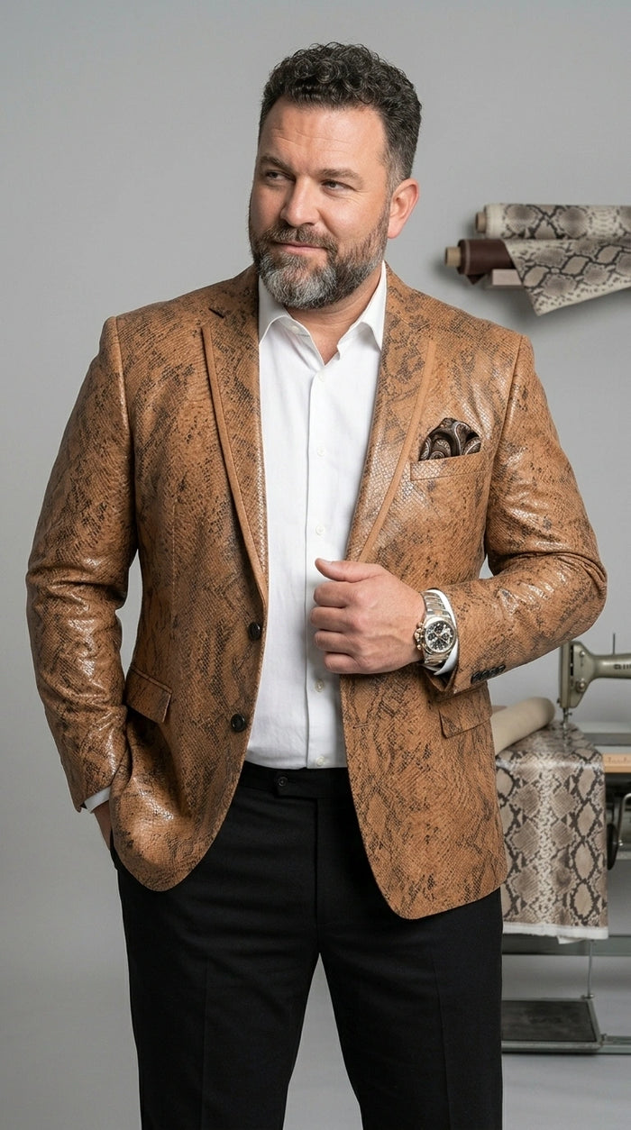 Men’s Tan Snakeskin Print Blazer, Brown Sport Coat Camel Alligator Crocodile Animal Print leopard Jacket