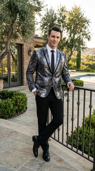 Men’s Black and Charcoal Gray Snakeskin Print Blazer, Animial Exotic Skin Alligator Crocodile Texture