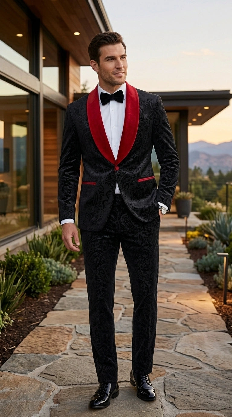 Men’s Black Paisley 2 Piece Suit with Red Shawl Lapel, Formal Wedding Prom Party Suit Set Modern Fit