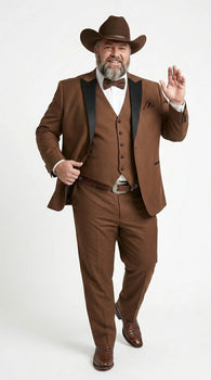 Men’s Light Brown Western Tuxedo 3 Piece Suit with Black Peak Collar Lapel, Country Look Cowboy Suit