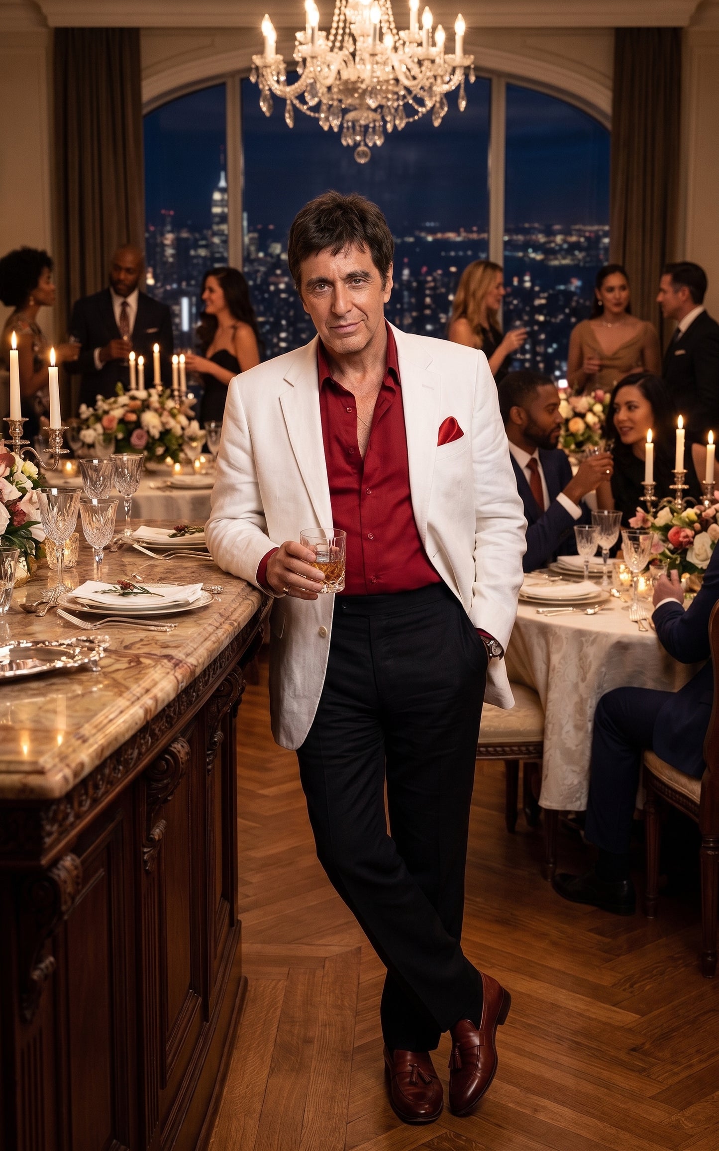 Tony Montana’s White Blazer Red Shirt Black Pants – Men’s White Blazer Outfit with Red Shirt and Black Trousers for Party, Wedding and Vintage Style Wear