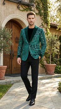 Men’s Emerald Green Paisley Tuxedo Dinner Jacket with Black Lapel, Formal Prom Wedding Party Blazer