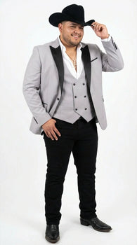 Men’s Light Gray Cowboy Tuxedo with Black Satin Lapel – Western Formal Suit with Double Breasted Vest