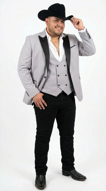 Men’s Light Gray Cowboy Tuxedo with Black Satin Lapel – Western Formal Suit with Double Breasted Vest
