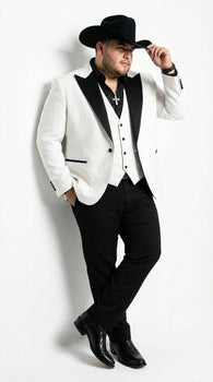 Men’s White Cowboy Tuxedo with Black Satin Lapel – Western Formal Suit with Matching Vest