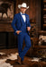 Men’s Blue Western Tuxedo Suit, 3 Piece Cowboy Formal Wedding Prom Suit with Satin Trim