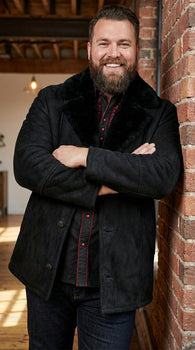 Men’s Black Sheepskin Leather Jacket Cowboy – Warm Faux Fur Collar Coat, Winter Long Jacket, Casual Western Style Outerwear