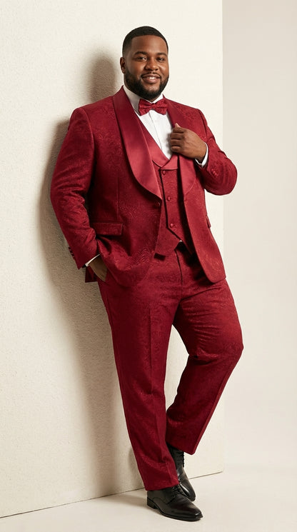 Mens Burgundy Wedding Tuxedo Suit – Paisley Three Piece Formal Suit Set with Shawl Lapel for Groom, Prom