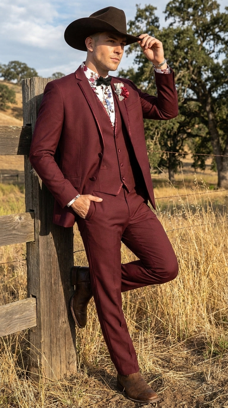 Men’s Burgundy Western Tuxedo Suit, 3 Piece Cowboy Formal Wedding Prom Suit with Satin Trim