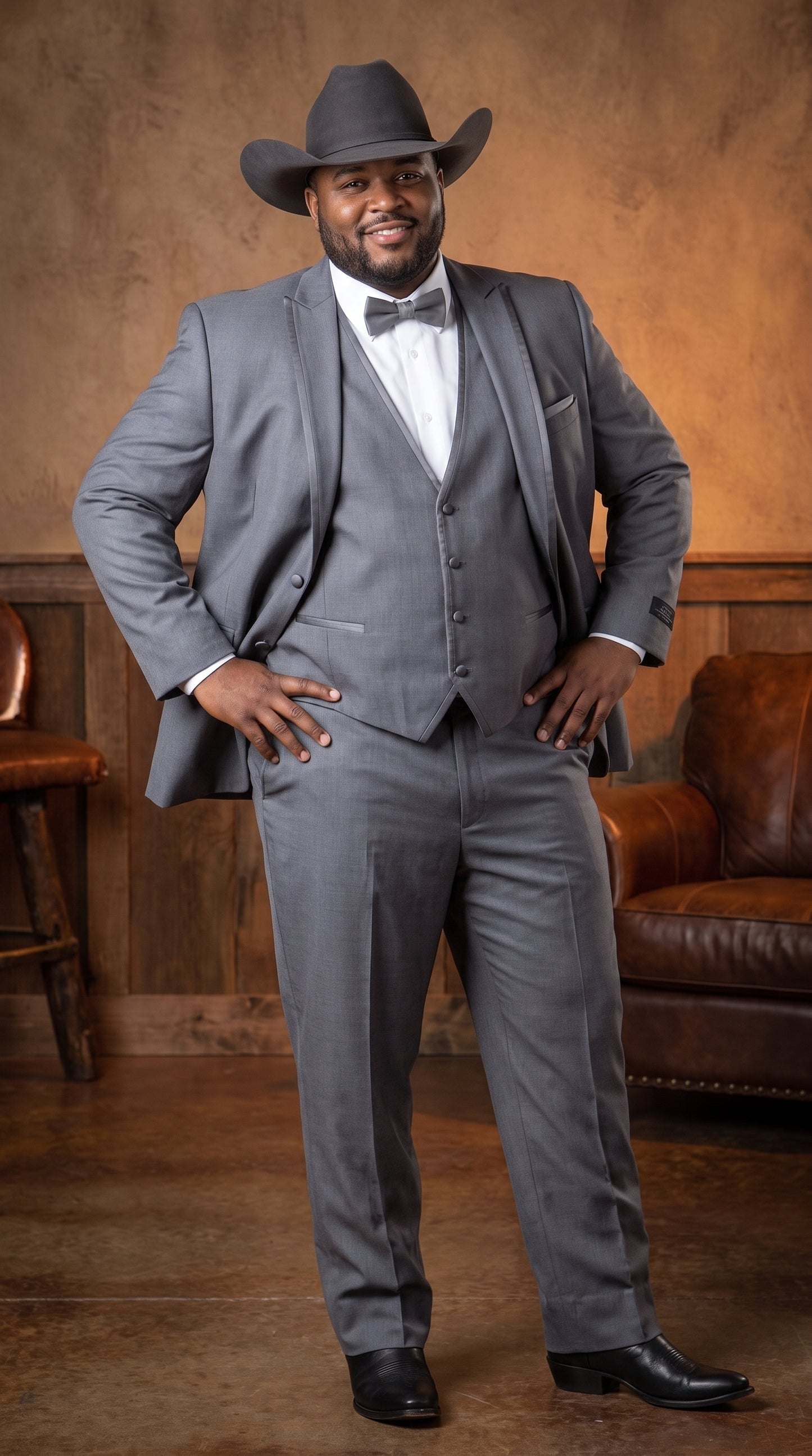 Men's Medium Grey Western 3-Piece Tuxedo Suit with Vest – Cowboy Style Formal Country Outfit