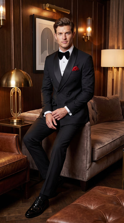 Men’s Black Double Breasted Evening Wear Suit with Satin Shawl Lapel and Red Pocket Square  Modern Fit
