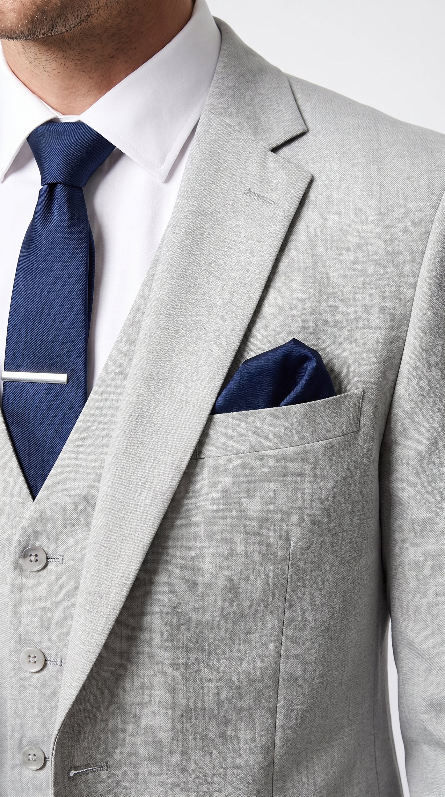 Men’s Silver & Navy Blue 3-Piece Suit – Wedding, Business and Formal Suit with Free Matching Tie  Modern Fit