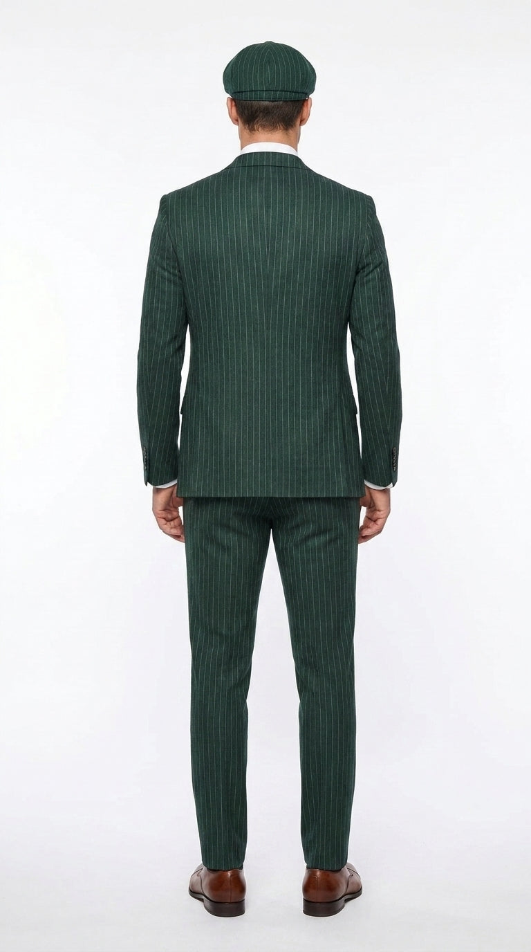 Men’s Hunter Green Pinstripe 3-Piece Suit – Vintage Wedding, Prom and Formal Suit with Matching Vest Modern Fit