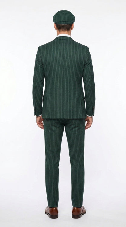Men’s Hunter Green Pinstripe 3-Piece Suit – Vintage Wedding, Prom and Formal Suit with Matching Vest Modern Fit