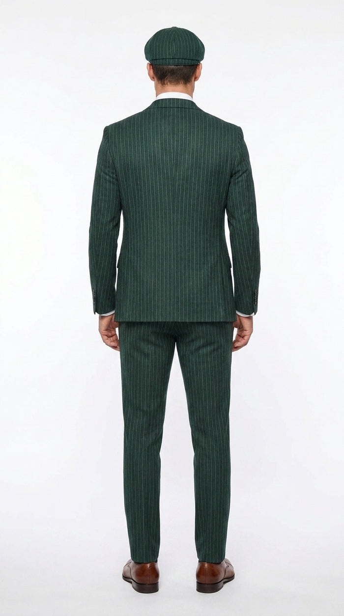 Men’s Hunter Green Pinstripe 3-Piece Suit – Vintage Wedding, Prom and Formal Suit with Matching Vest Modern Fit