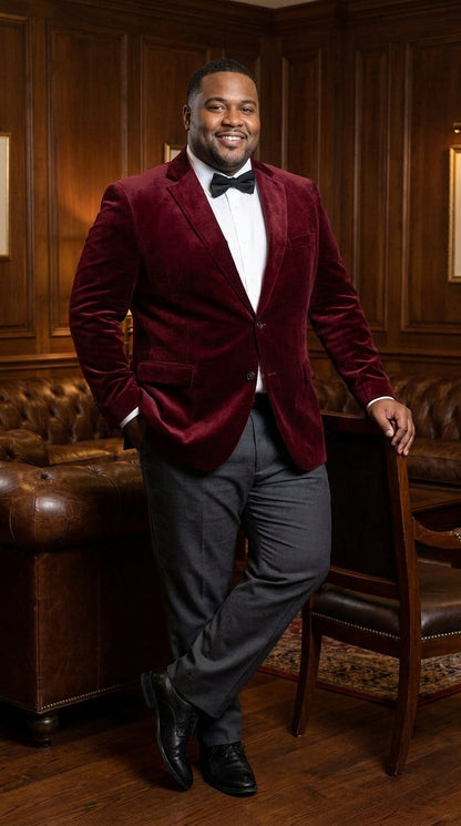 Men’s Gomez Addams Inspired Costume, Burgundy Velvet Blazer with Black Pants Formal Party Outfit Combo