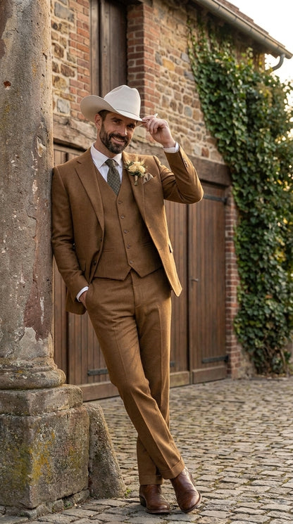 Men’s Tan Groom Outfit Country Wedding 3 Piece Suit Khaki Camel Color Modern Fit