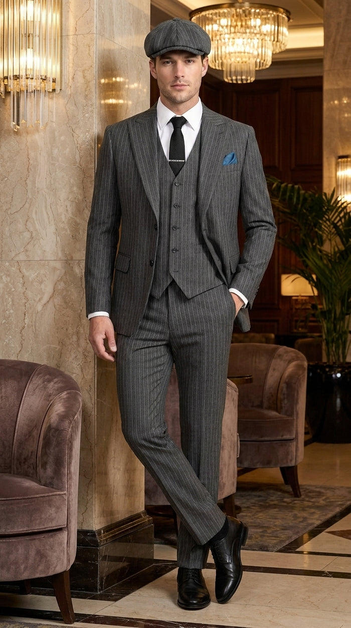 Men’s Thomas Shelby Peaky Blinders Gray Wool Suit Out fit Charcoal Grey Pinstripe 3-Piece  Vintage 1920s Suit  Modern Fit
